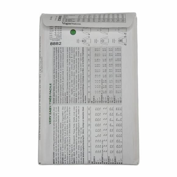 Very Easy Very Vogue Sewing Pattern 8882 Misses Blouse Size 6 8 10 UNCUT Vintage - Picture 2 of 4